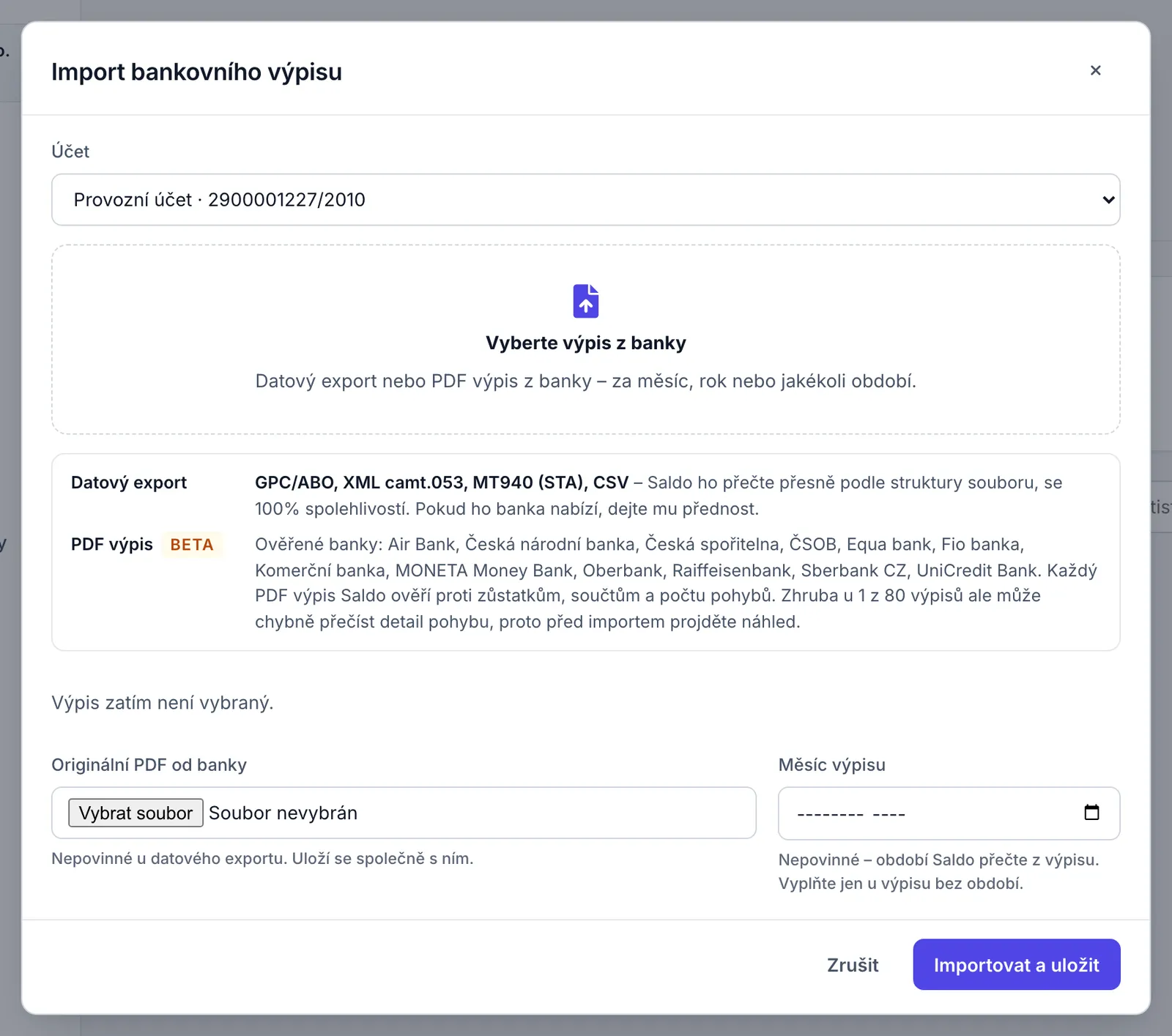 Okno Import bankovního výpisu s výběrem účtu, polem pro přetažení souboru a přehledem formátů Datový export a PDF výpis s označením Beta.