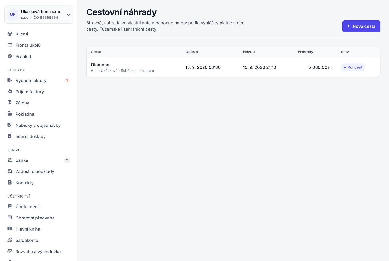 Stránka Cestovní náhrady se seznamem cest, časy odjezdu a návratu, částkou náhrad a stavem.