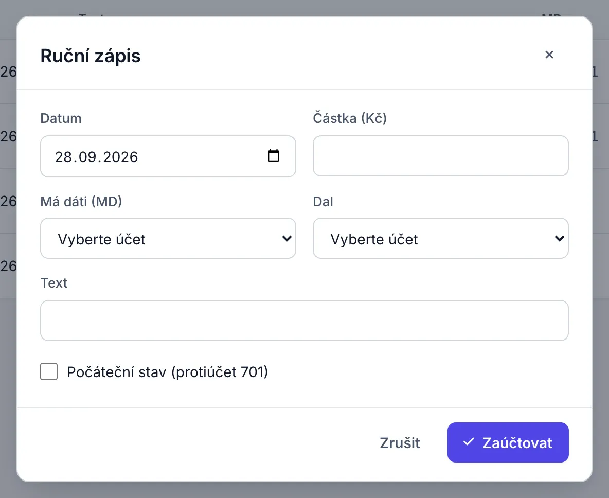Okno Ruční zápis s poli Datum, Částka (Kč), Má dáti (MD), Dal, Text a volbou Počáteční stav.