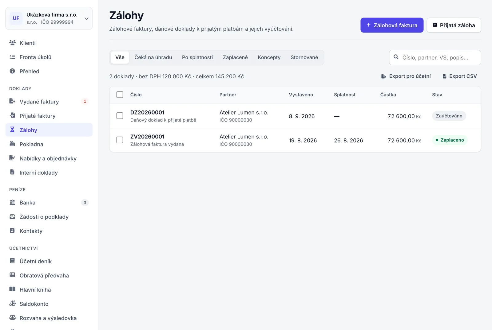 Seznam Zálohy se zálohovou fakturou, daňovým dokladem k přijaté platbě a tlačítky Zálohová faktura a Přijatá záloha.