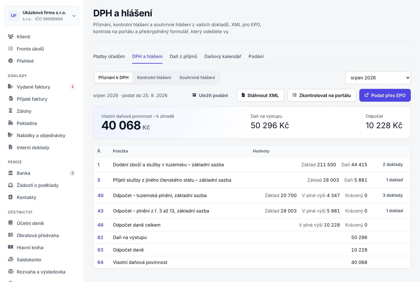 Záložka DPH a hlášení s přiznáním k DPH za srpen 2026, souhrnem daně a řádky přiznání.