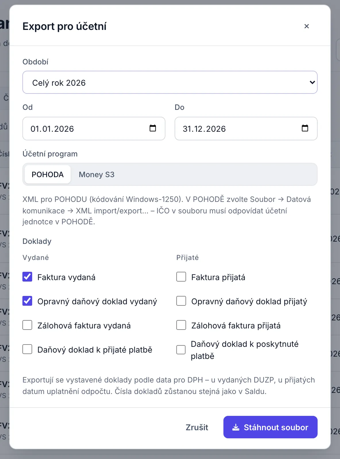 Okno Export pro účetní s obdobím Celý rok, zvoleným programem POHODA, návodem k importu a zaškrtnutými druhy dokladů.