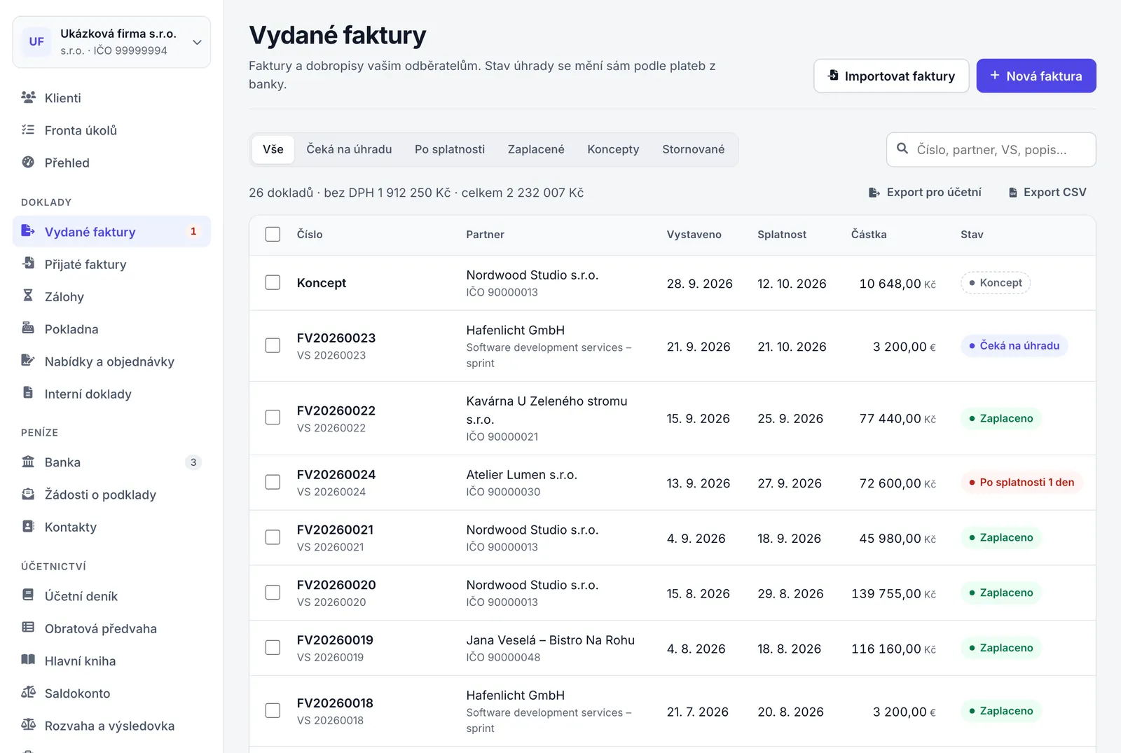 Seznam vydaných faktur se štítky stavů Zaplaceno, Čeká na úhradu, Po splatnosti a Koncept.