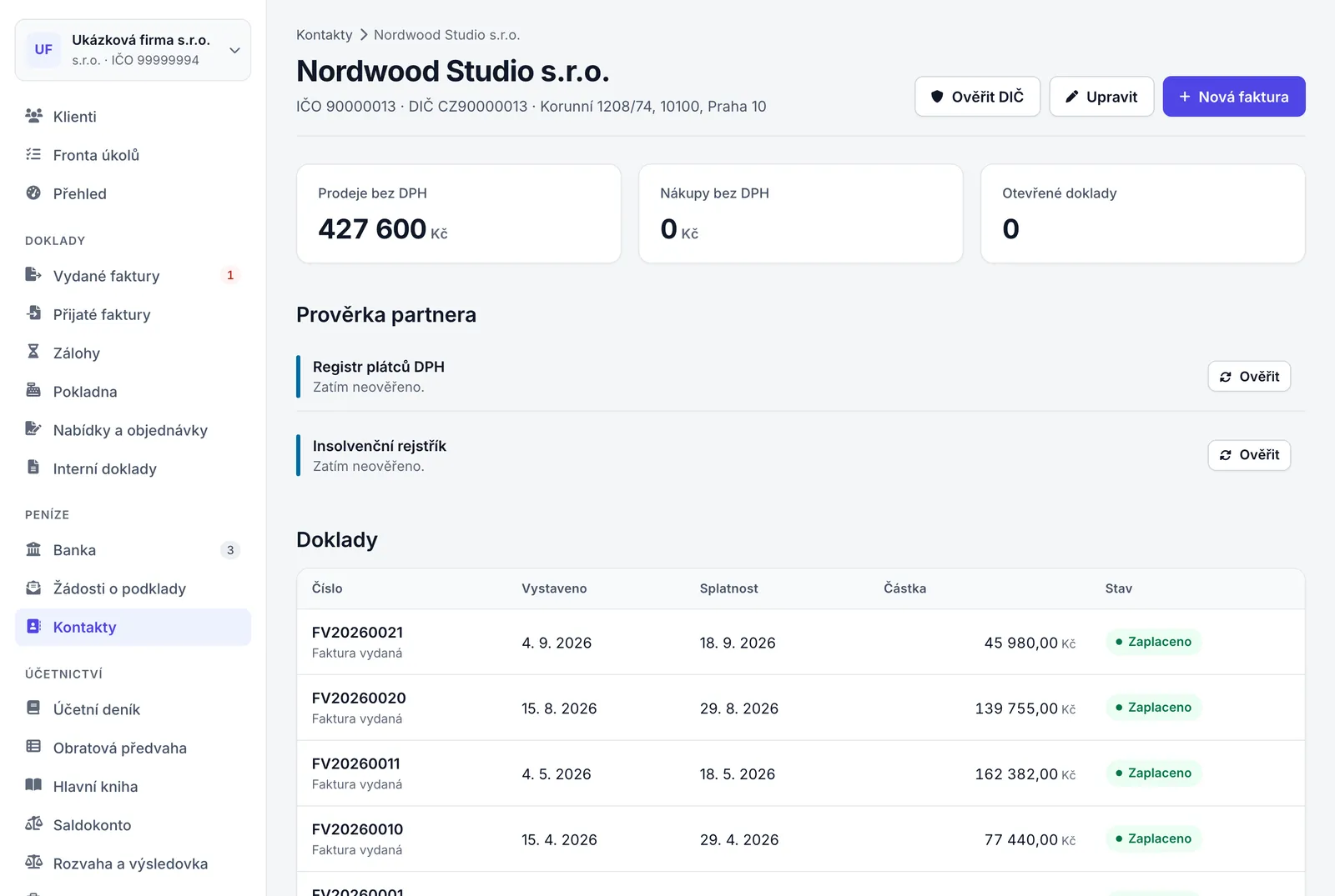Detail kontaktu Nordwood Studio s.r.o. s tlačítky Ověřit DIČ, Upravit a Nová faktura, obraty, částí Prověrka partnera a tabulkou dokladů.