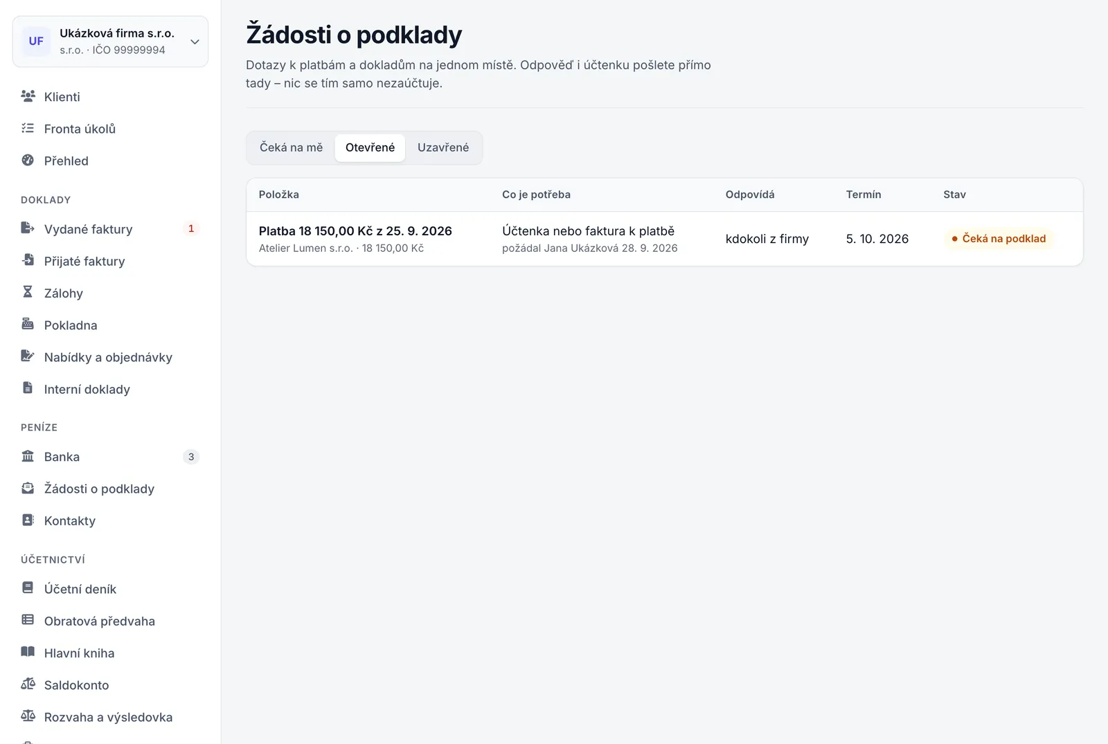 Stránka Žádosti o podklady s filtrem Otevřené a jednou žádostí ve stavu Čeká na podklad.