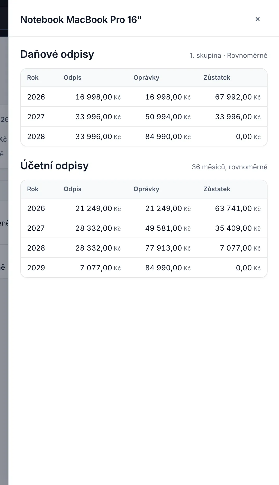 Boční panel s odpisovým plánem notebooku, tabulka daňových odpisů po letech a tabulka účetních odpisů.