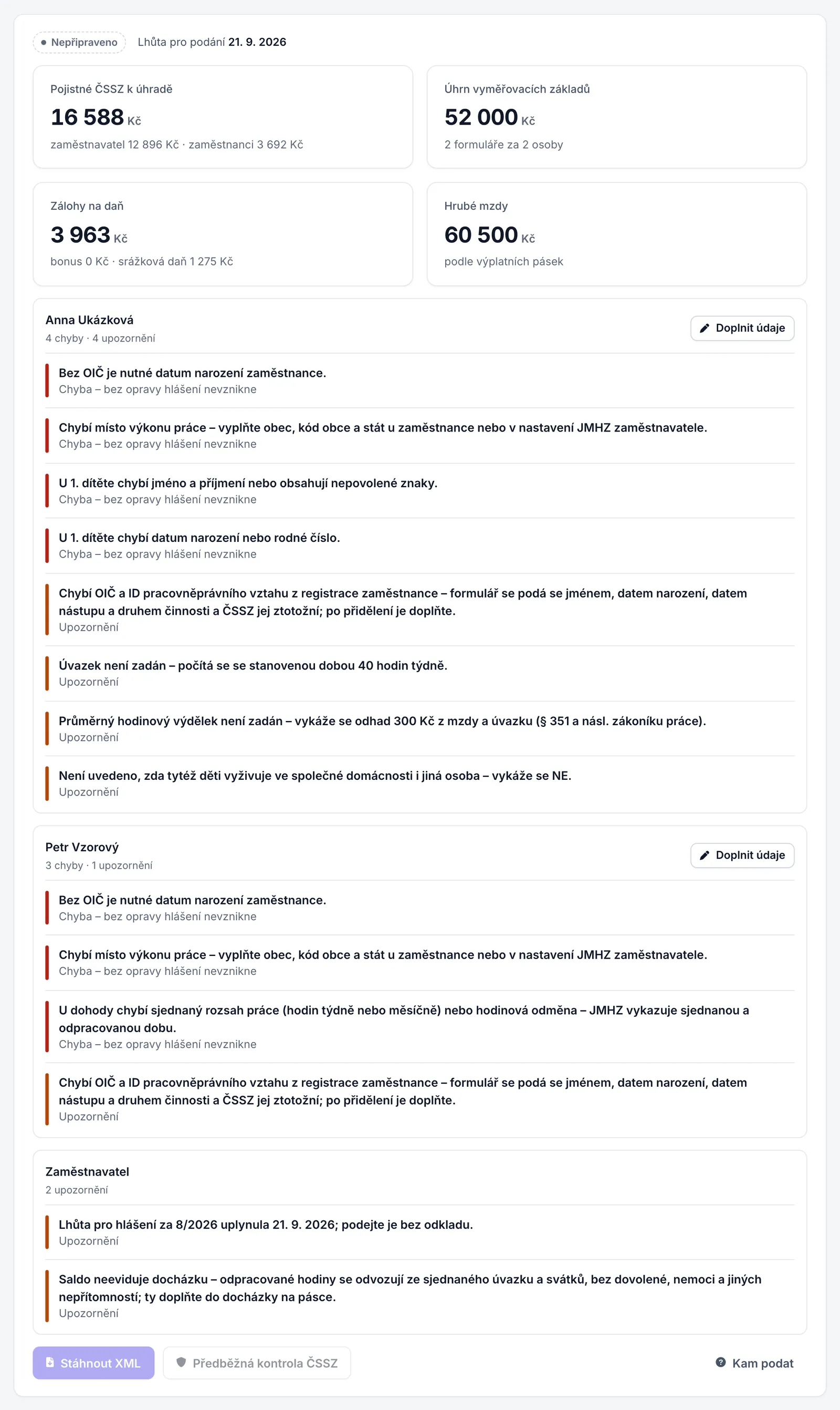Panel Hlášení JMHZ se stavem, lhůtou, součty pojistného a daně a se seznamem chybějících údajů.