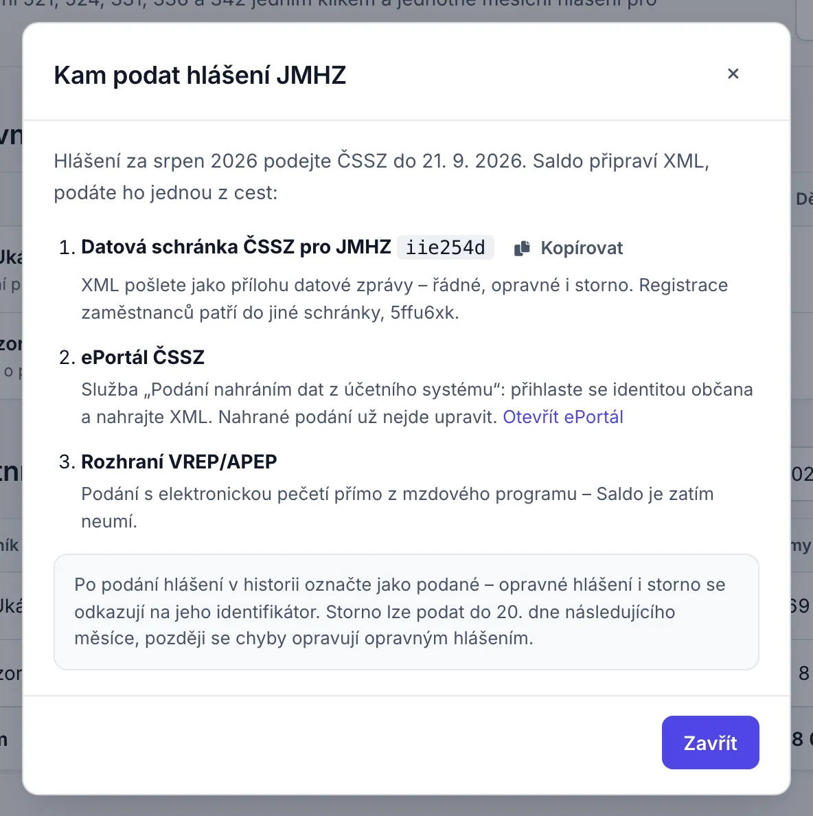 Dialog Kam podat hlášení JMHZ s lhůtou, datovou schránkou ČSSZ pro JMHZ, ePortálem ČSSZ a poznámkou o stornu.