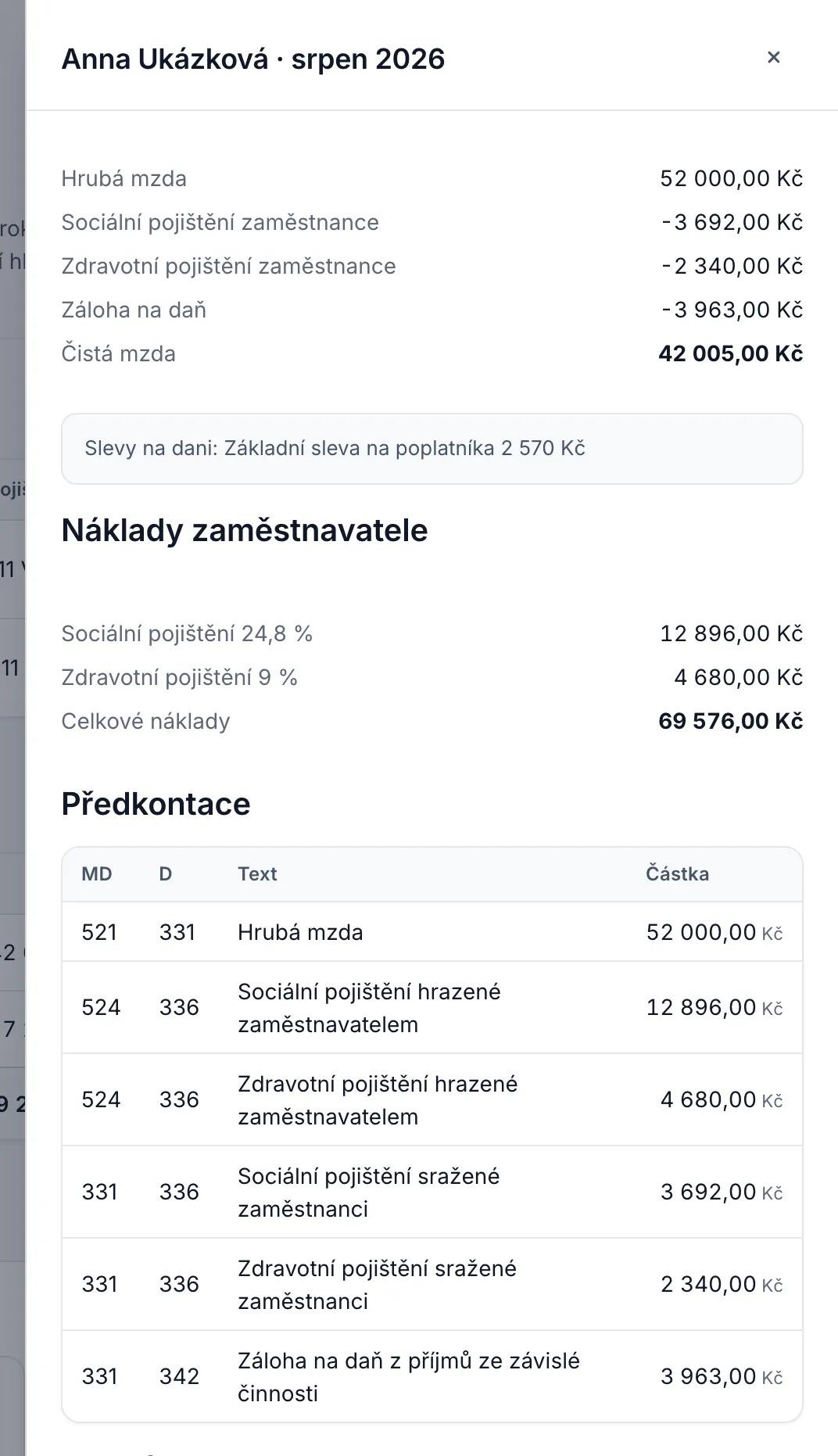 Boční panel výplatní pásky s výpočtem čisté mzdy, náklady zaměstnavatele a předkontací.