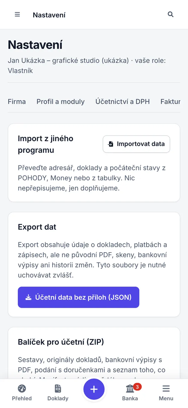 Záložka Data na telefonu u OSVČ s částmi Import z jiného programu, Export dat a Balíček pro účetní.