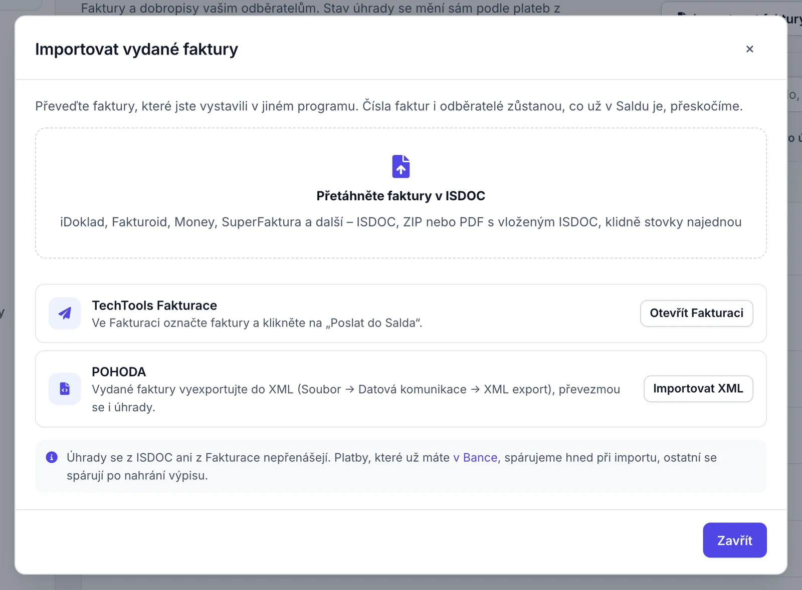 Okno Importovat vydané faktury s polem pro soubory ISDOC a volbami TechTools Fakturace a POHODA.