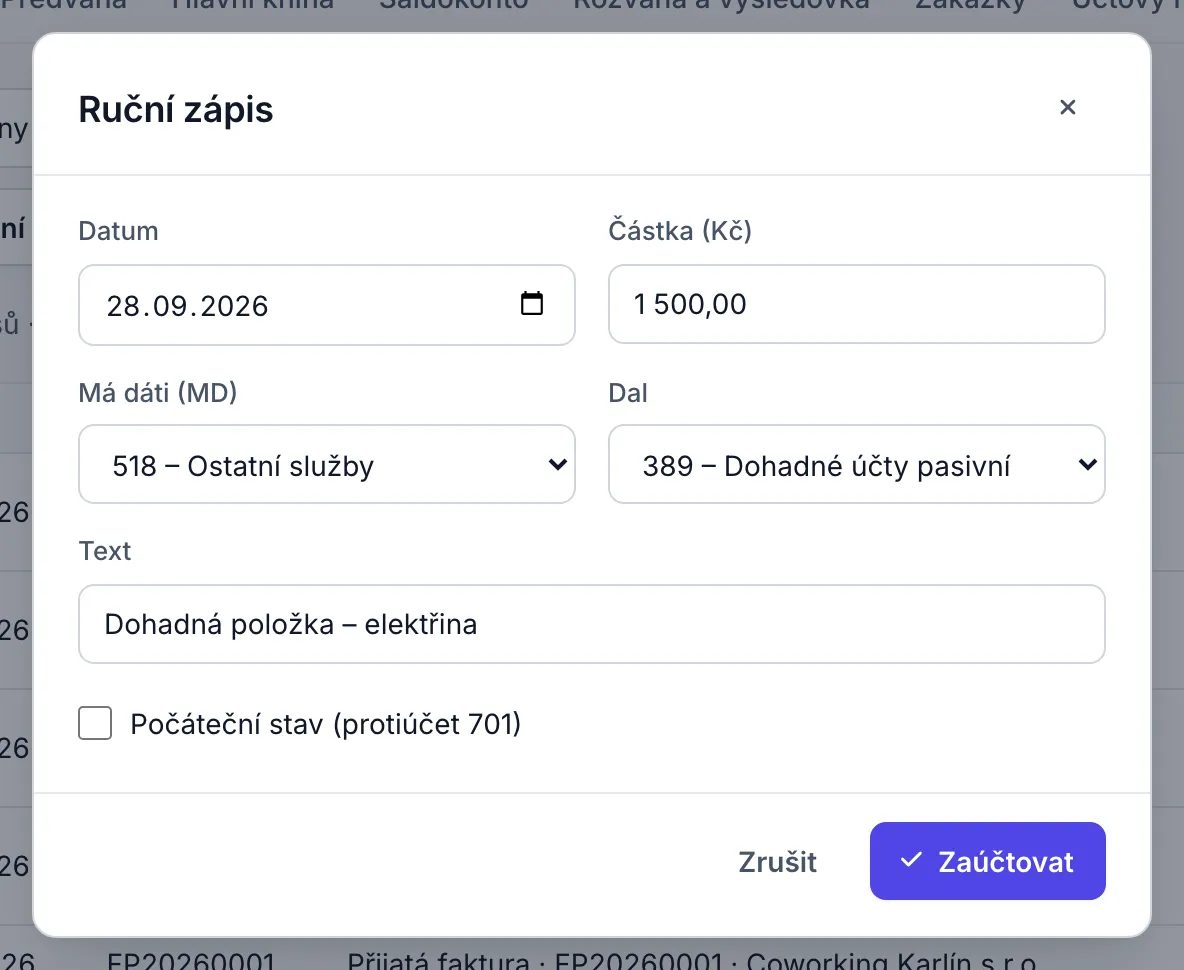 Okno Ruční zápis s poli Datum, Částka, Má dáti, Dal, Text a políčkem Počáteční stav.