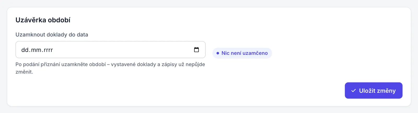 Část Uzávěrka období v Nastavení s polem Uzamknout doklady do data, štítkem stavu a tlačítkem Uložit změny.