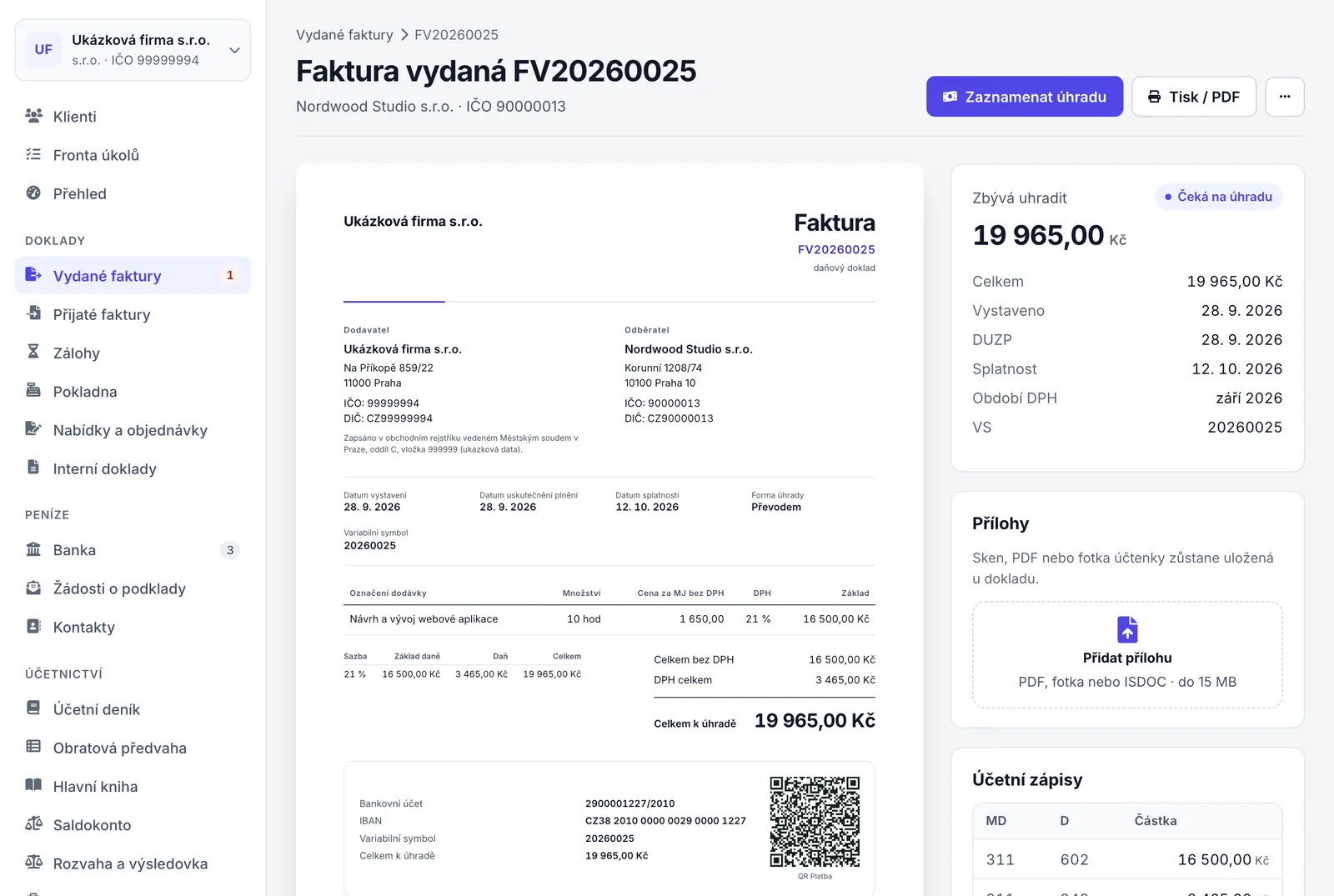 Detail vystavené nezaplacené faktury s náhledem, kartou stavu, přílohami a účetními zápisy.