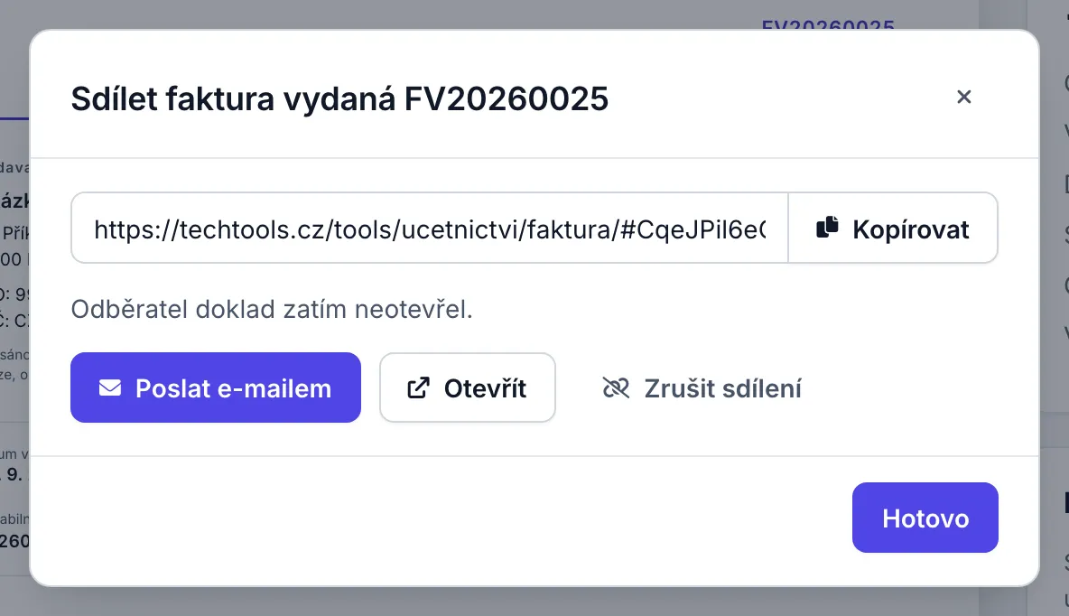 Okno Sdílet s vytvořeným odkazem, tlačítky Kopírovat, Poslat e-mailem, Otevřít a Zrušit sdílení.