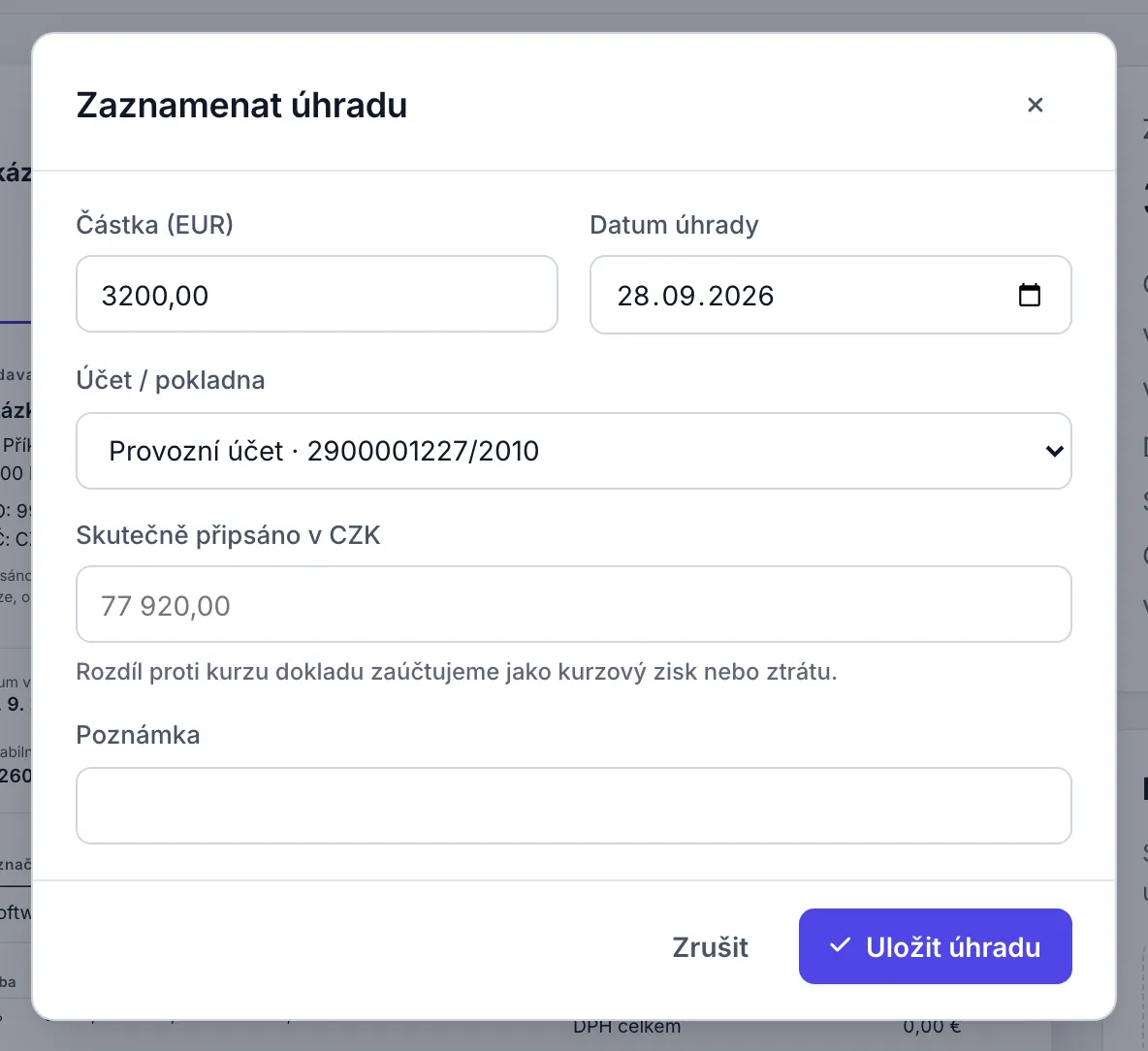 Okno Zaznamenat úhradu u faktury v eurech s poli Částka, Datum úhrady, Účet / pokladna a Skutečně připsáno v CZK.