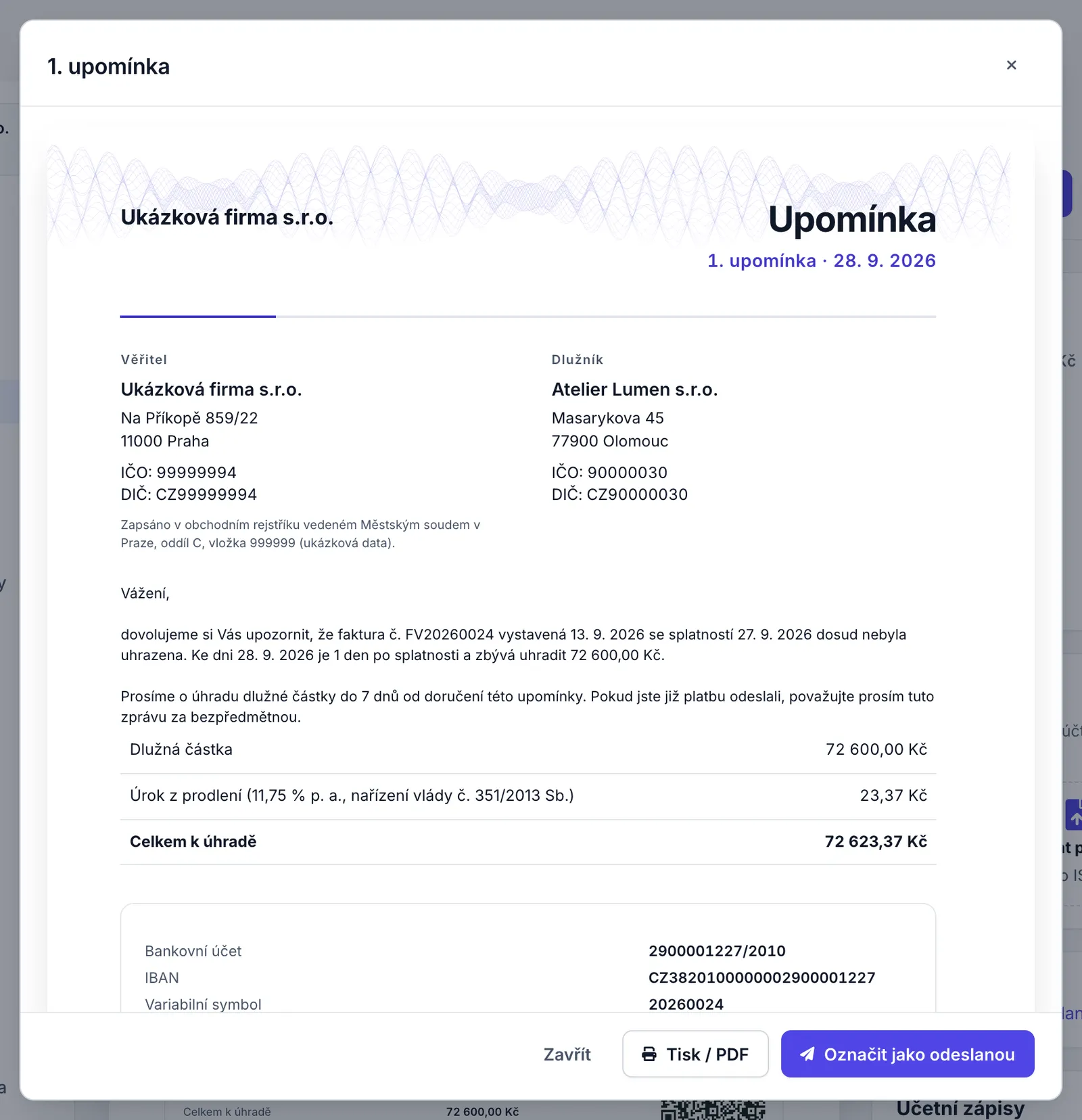 Okno 1. upomínka s náhledem upomínky, dlužnou částkou a úrokem z prodlení.