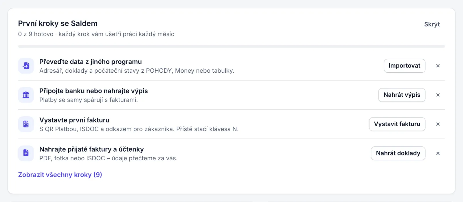 Panel První kroky se Saldem s počtem hotových kroků a nejbližšími kroky s tlačítky.