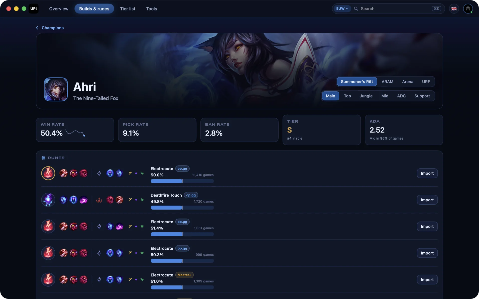 The Builds and runes page of UP! showing Ahri's win rate, tier and rune pages ready to import