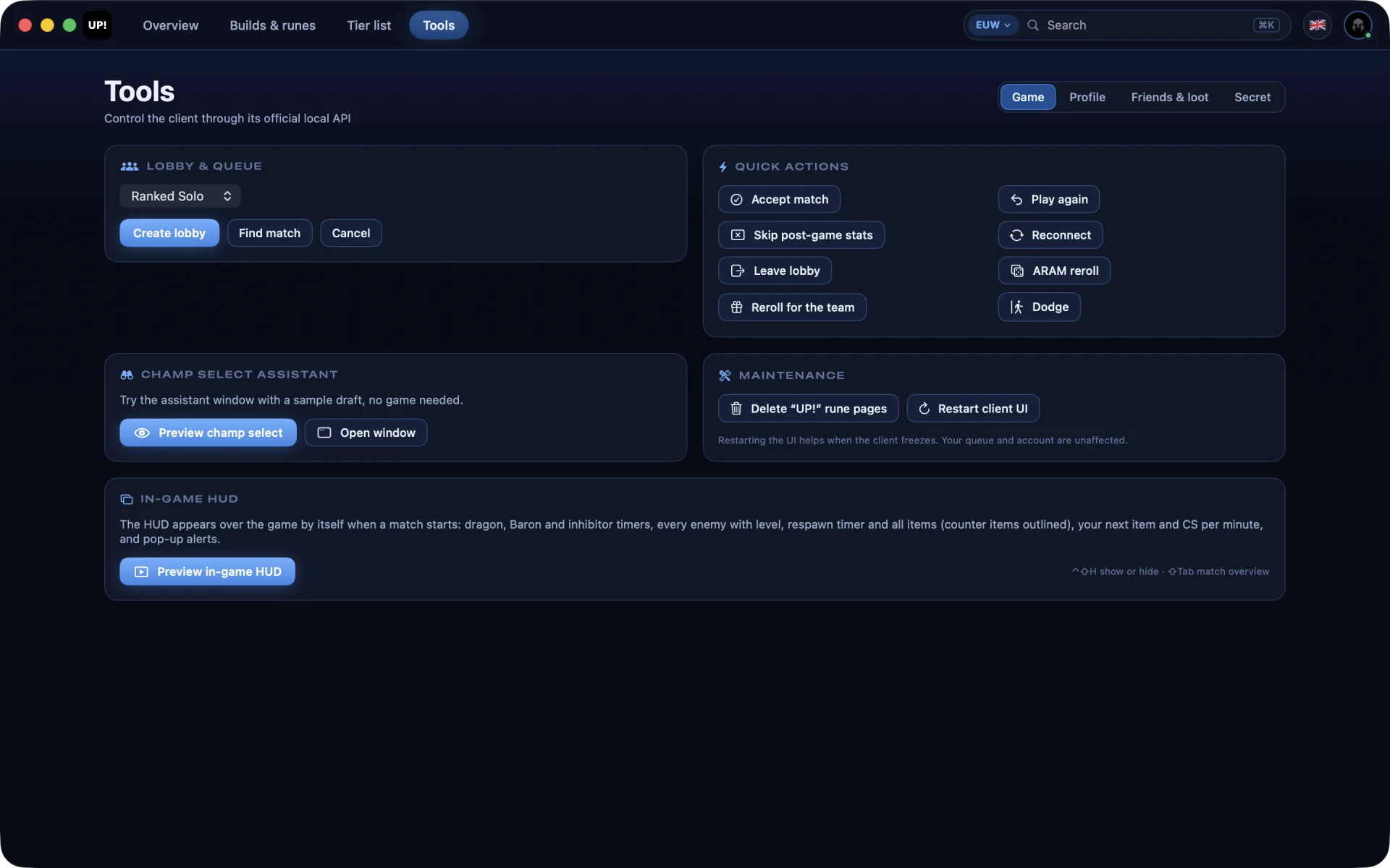 The Tools page of UP! with lobby, quick action, maintenance and in-game HUD tools