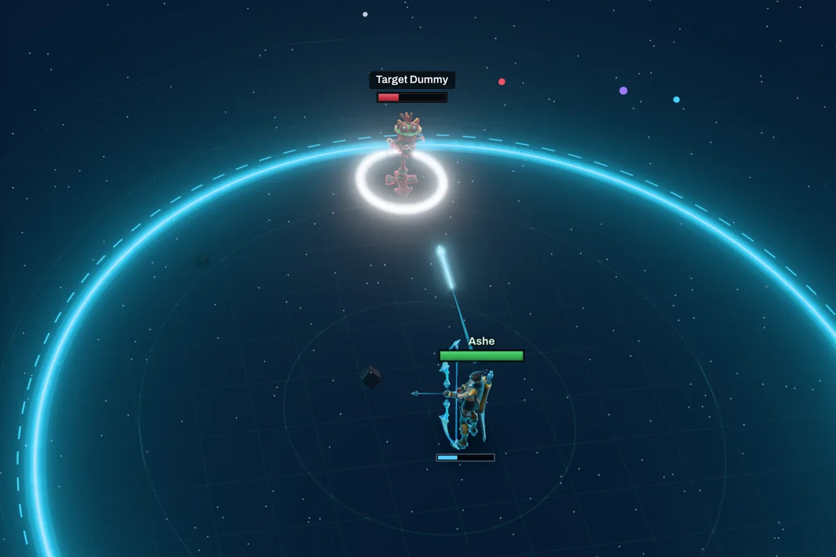 Ashe in Practice Tool shooting a target dummy, with Void's reach ring, dashed gate, attack timer and target mark drawn around her.