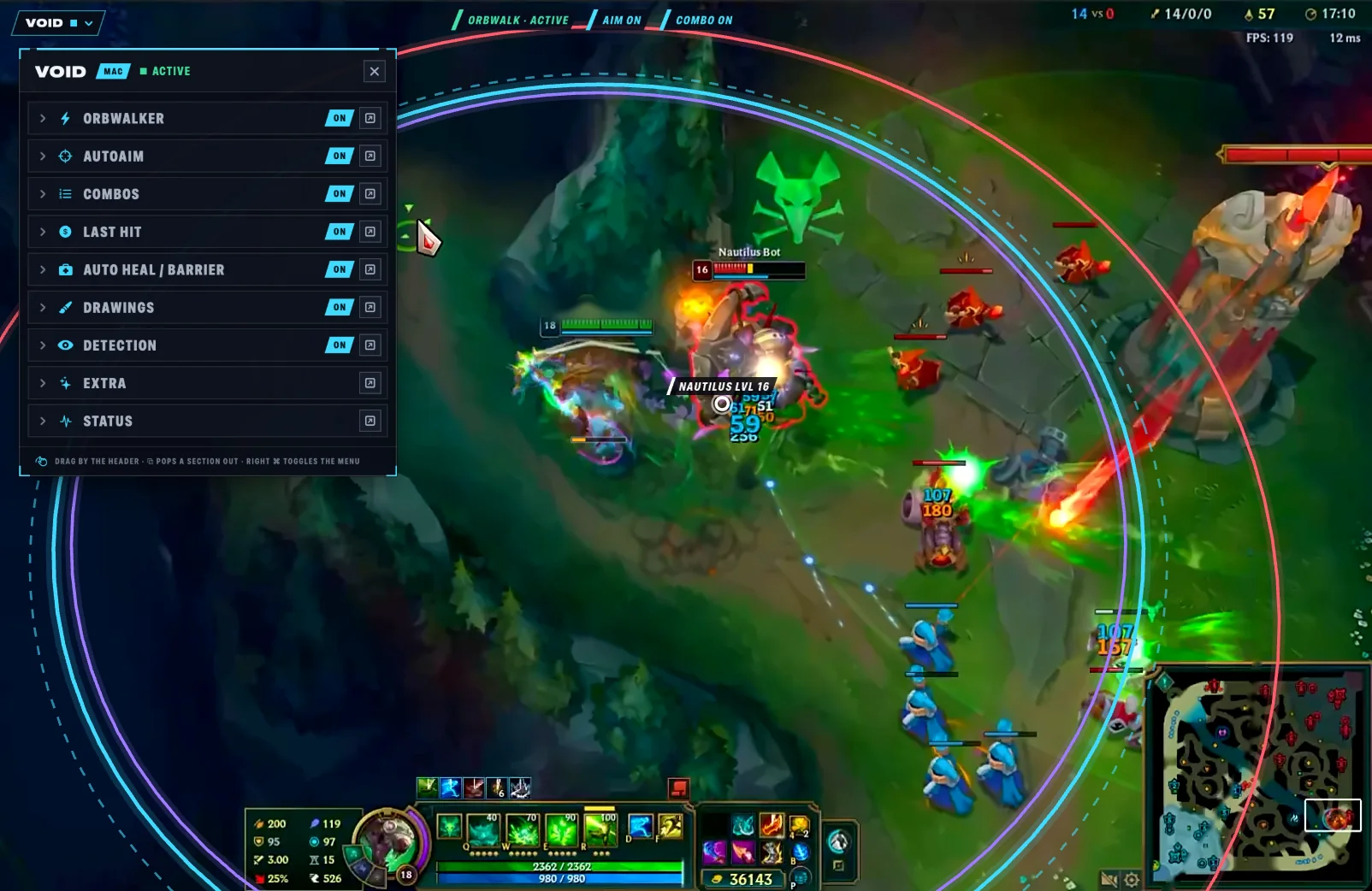 League of Legends on a Mac with Void's menu of every script, its status strip, reach, gate and spell rings and the target mark over the game.