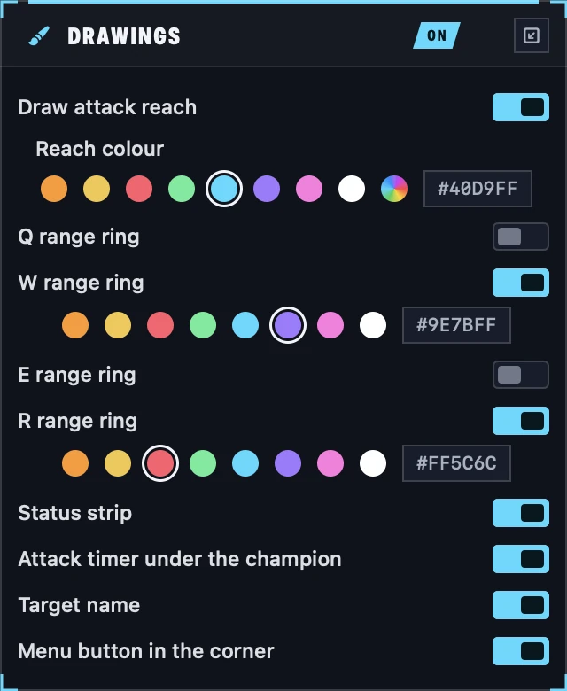 Void's Drawings window: reach in cyan, W range in violet, R range in red, attack timer and target name on.